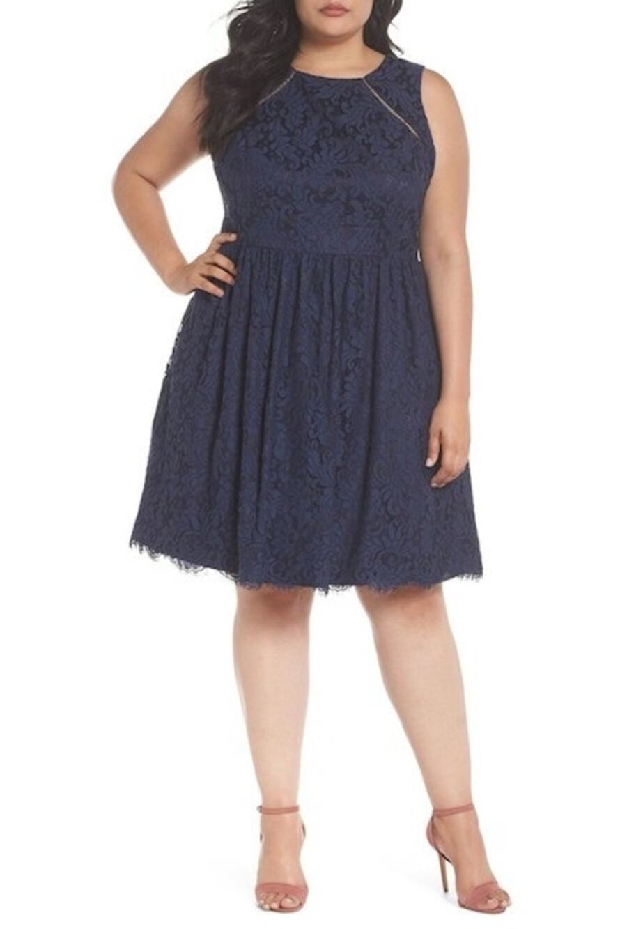 Eliza J Navy Lace Sleeveless Fit and Flare Knee Length Mini Cocktail Dress 16